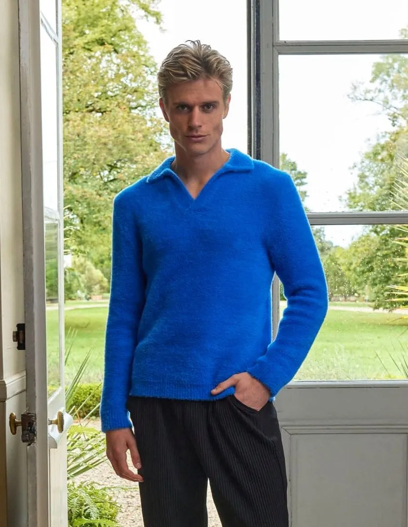 Blue Mohair Open Collar