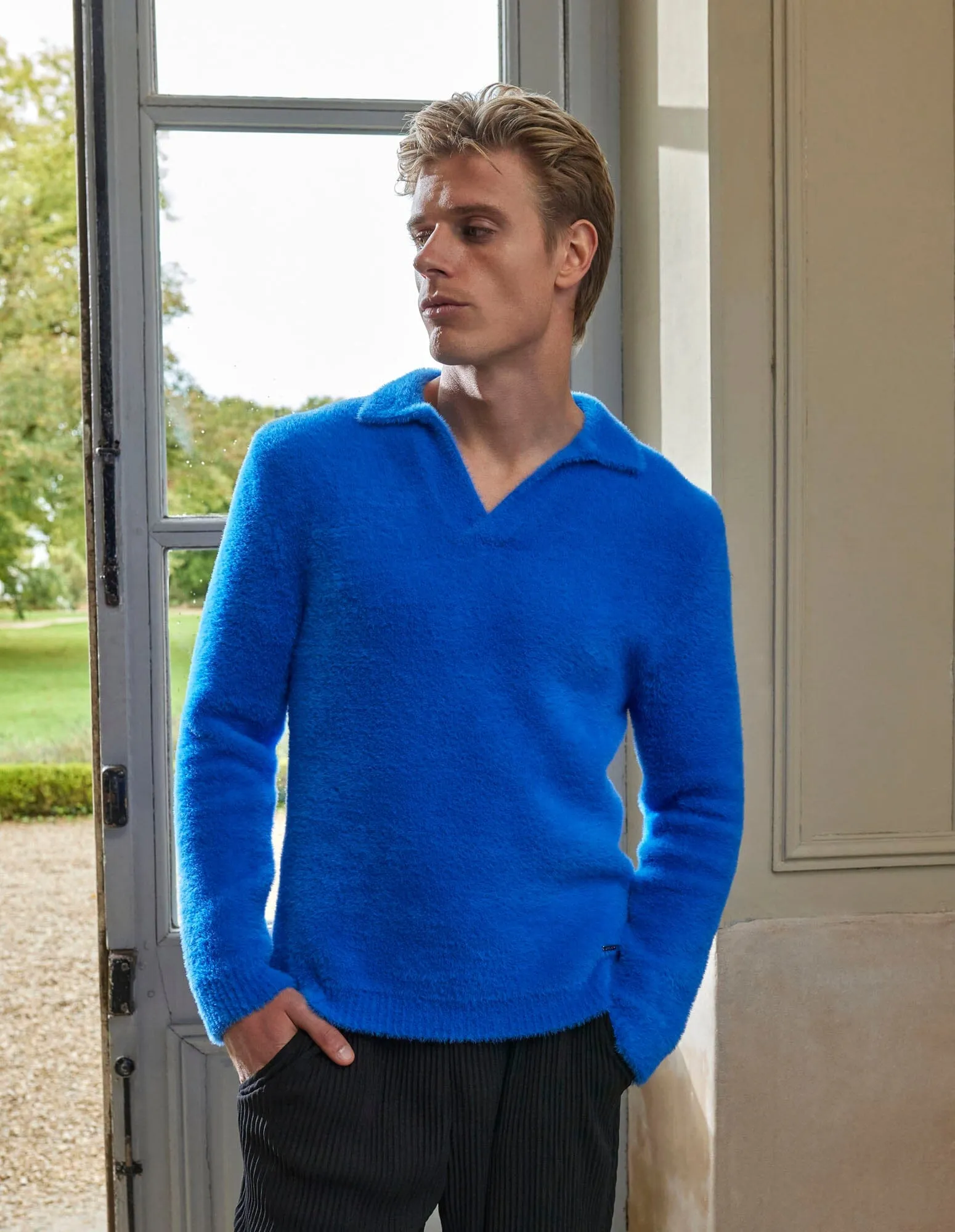 Blue Mohair Open Collar