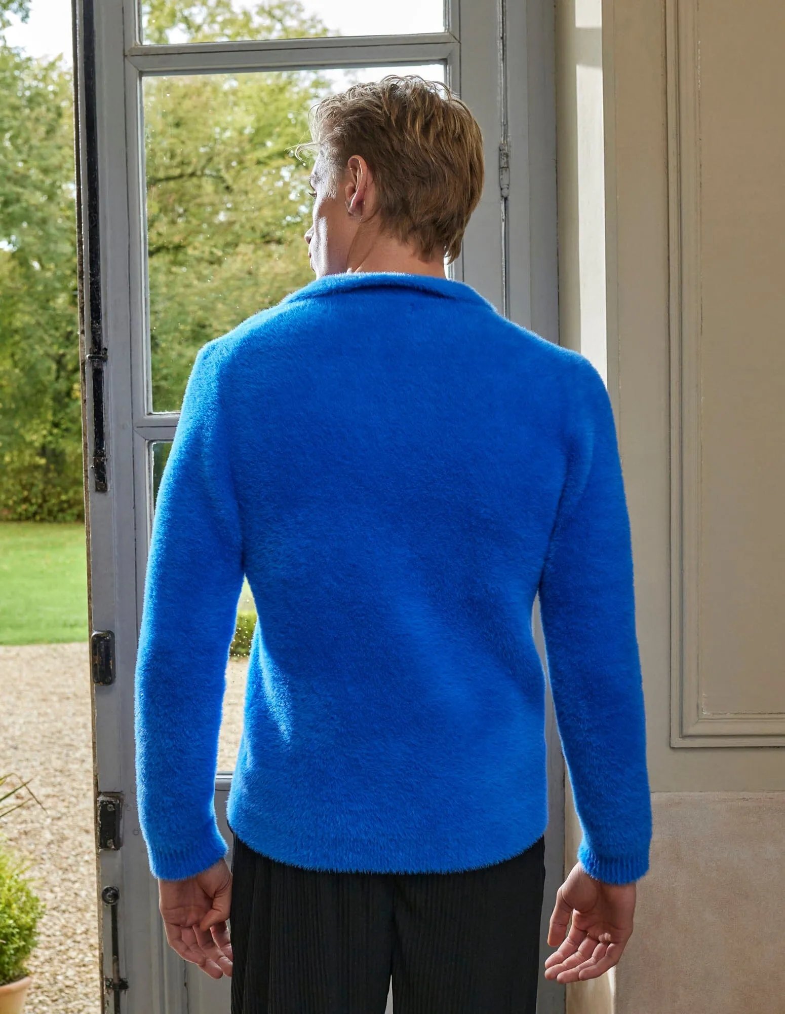 Blue Mohair Open Collar