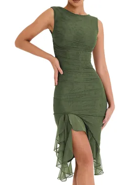 Chouyatou Women's Summer Sleeveless Backless Stretchy Bodycon Ruffled Y2K Tulle Tank Dress