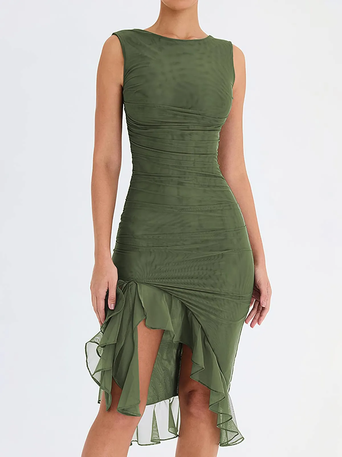 Chouyatou Women's Summer Sleeveless Backless Stretchy Bodycon Ruffled Y2K Tulle Tank Dress