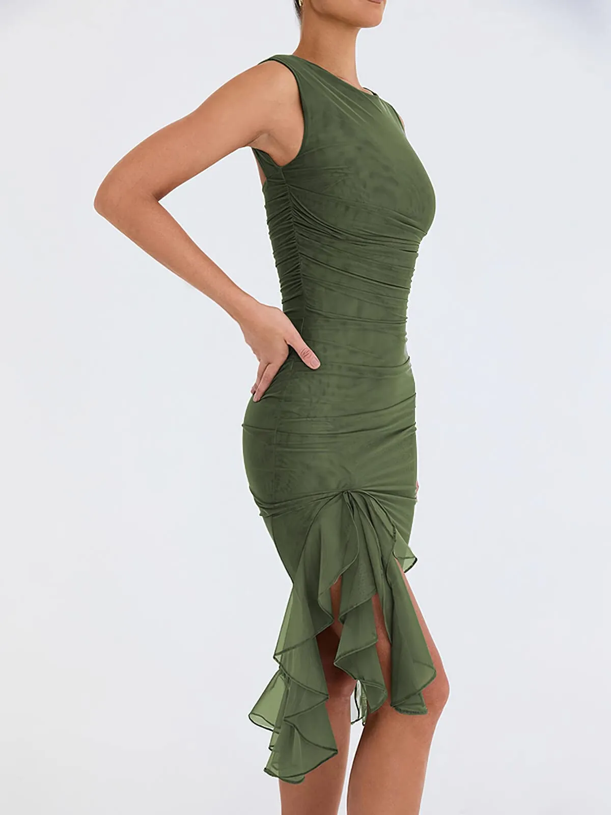 Chouyatou Women's Summer Sleeveless Backless Stretchy Bodycon Ruffled Y2K Tulle Tank Dress
