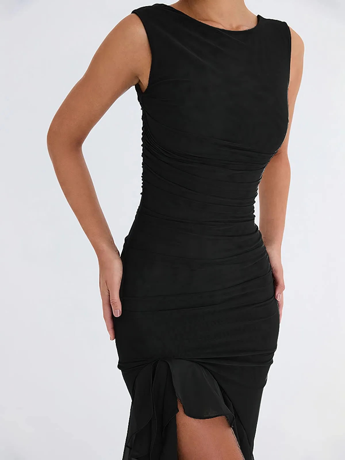 Chouyatou Women's Summer Sleeveless Backless Stretchy Bodycon Ruffled Y2K Tulle Tank Dress