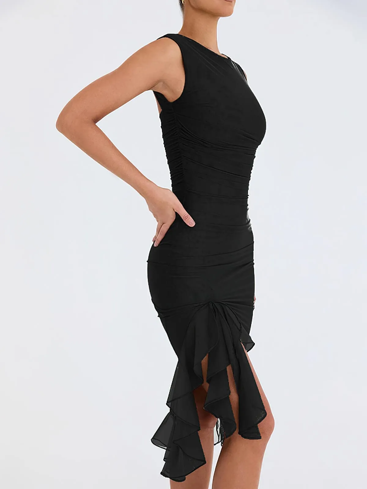 Chouyatou Women's Summer Sleeveless Backless Stretchy Bodycon Ruffled Y2K Tulle Tank Dress
