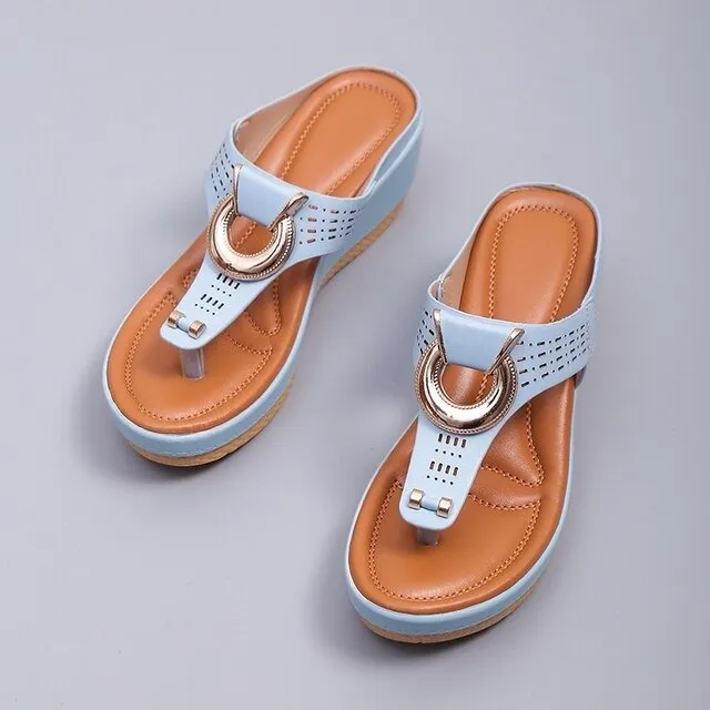 Cuzcare Women Orthopedic Sandals Metal Decoration Height Increasing Flip-flops