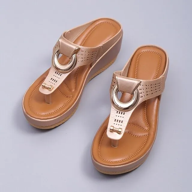 Cuzcare Women Orthopedic Sandals Metal Decoration Height Increasing Flip-flops