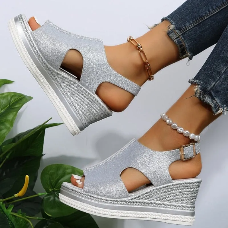 Cuzcare Women Sandals Arch Support Pain Relief Buckle AntiSlip Glitter Color Sandals