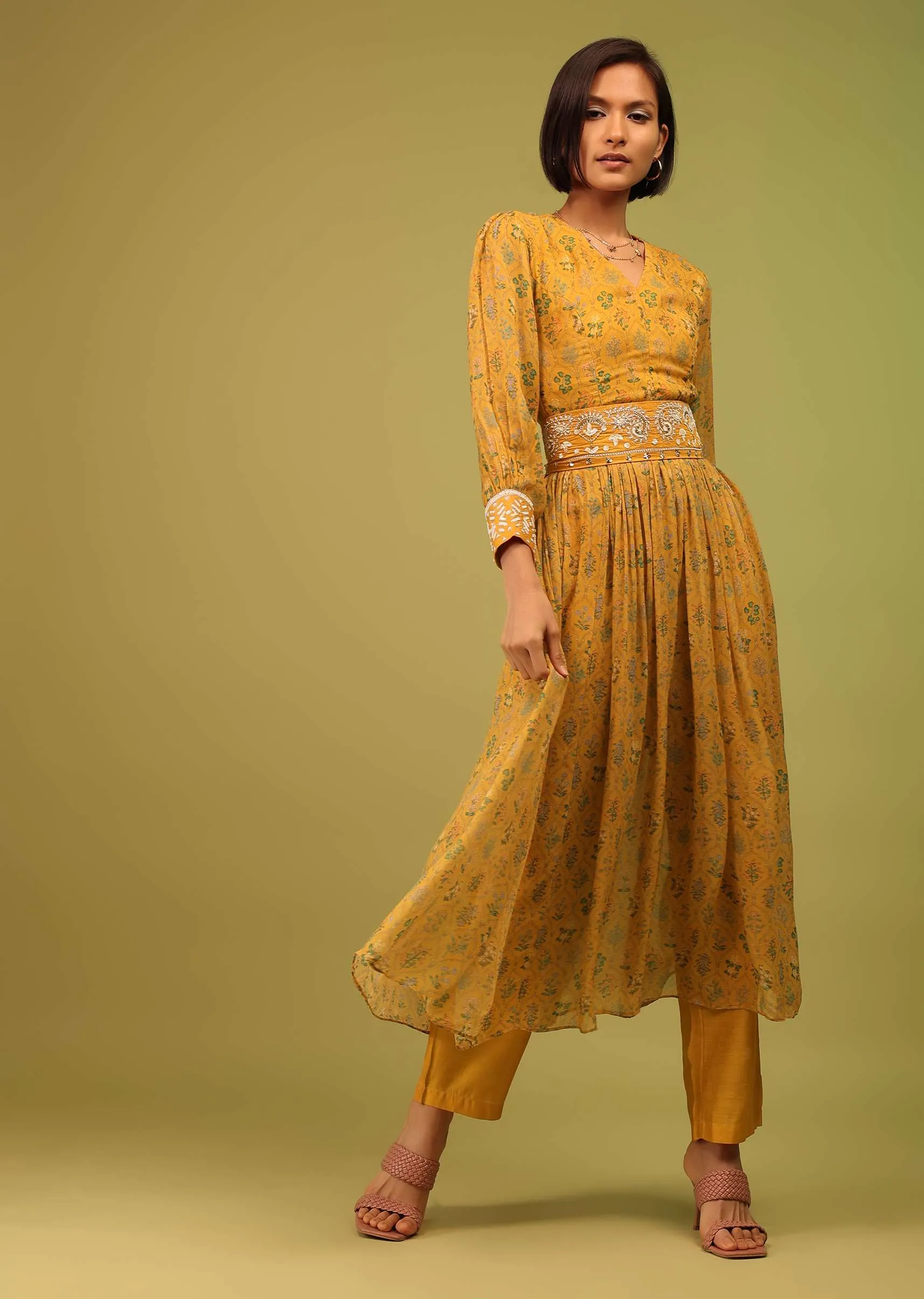 Cyber Yellow Palazzo Suit In Georgette With Multicolor Floral Print & Embroidery
