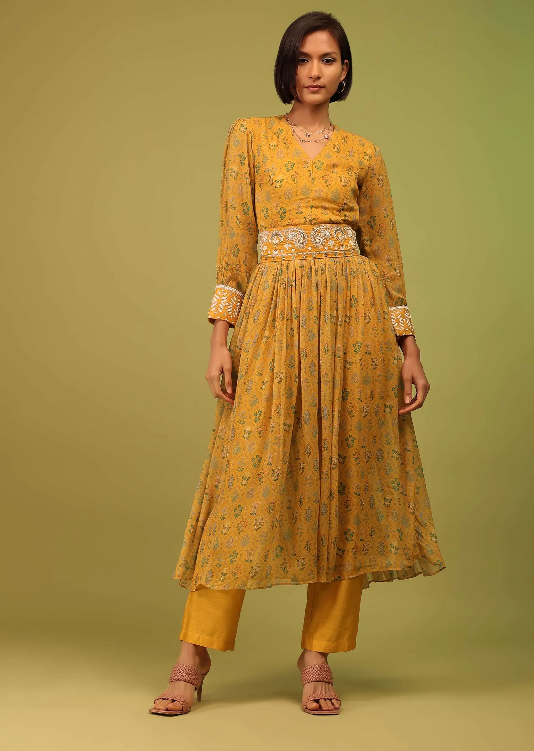 Cyber Yellow Palazzo Suit In Georgette With Multicolor Floral Print & Embroidery