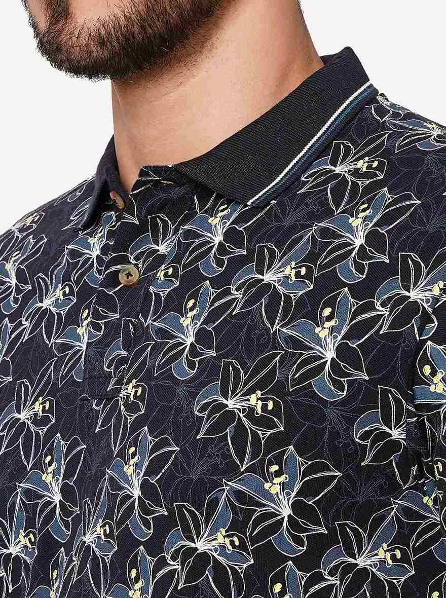 Dark Navy Blue Printed Slim Fit Polo T-Shirt | Greenfibre