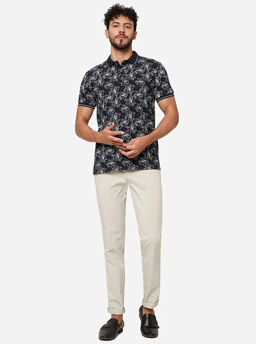 Dark Navy Blue Printed Slim Fit Polo T-Shirt | Greenfibre
