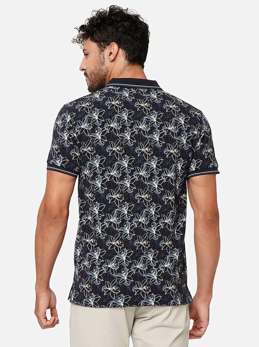 Dark Navy Blue Printed Slim Fit Polo T-Shirt | Greenfibre