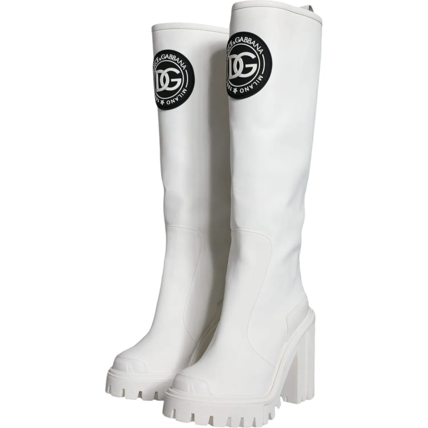 Dolce & Gabbana White Cotton Logo Heels Knee High Boots Shoes