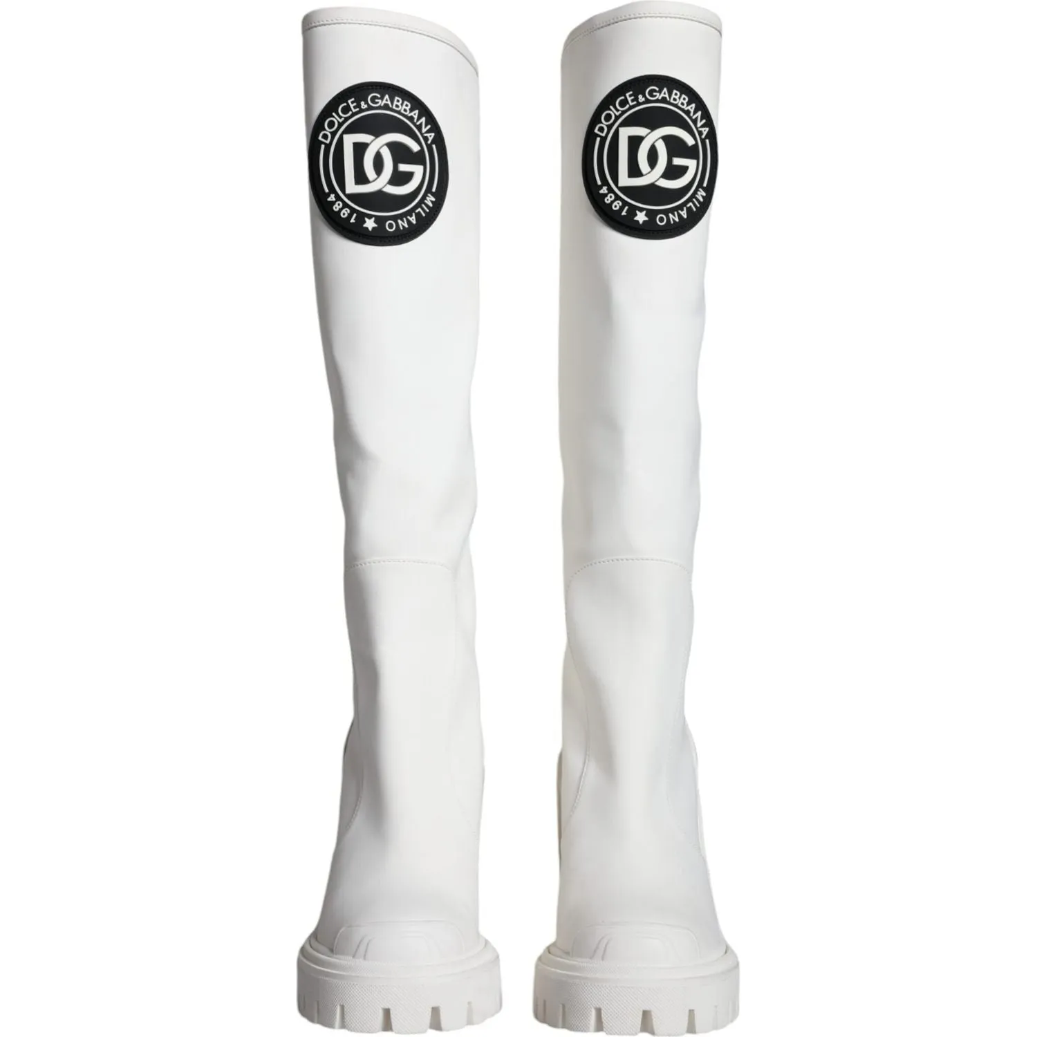 Dolce & Gabbana White Cotton Logo Heels Knee High Boots Shoes