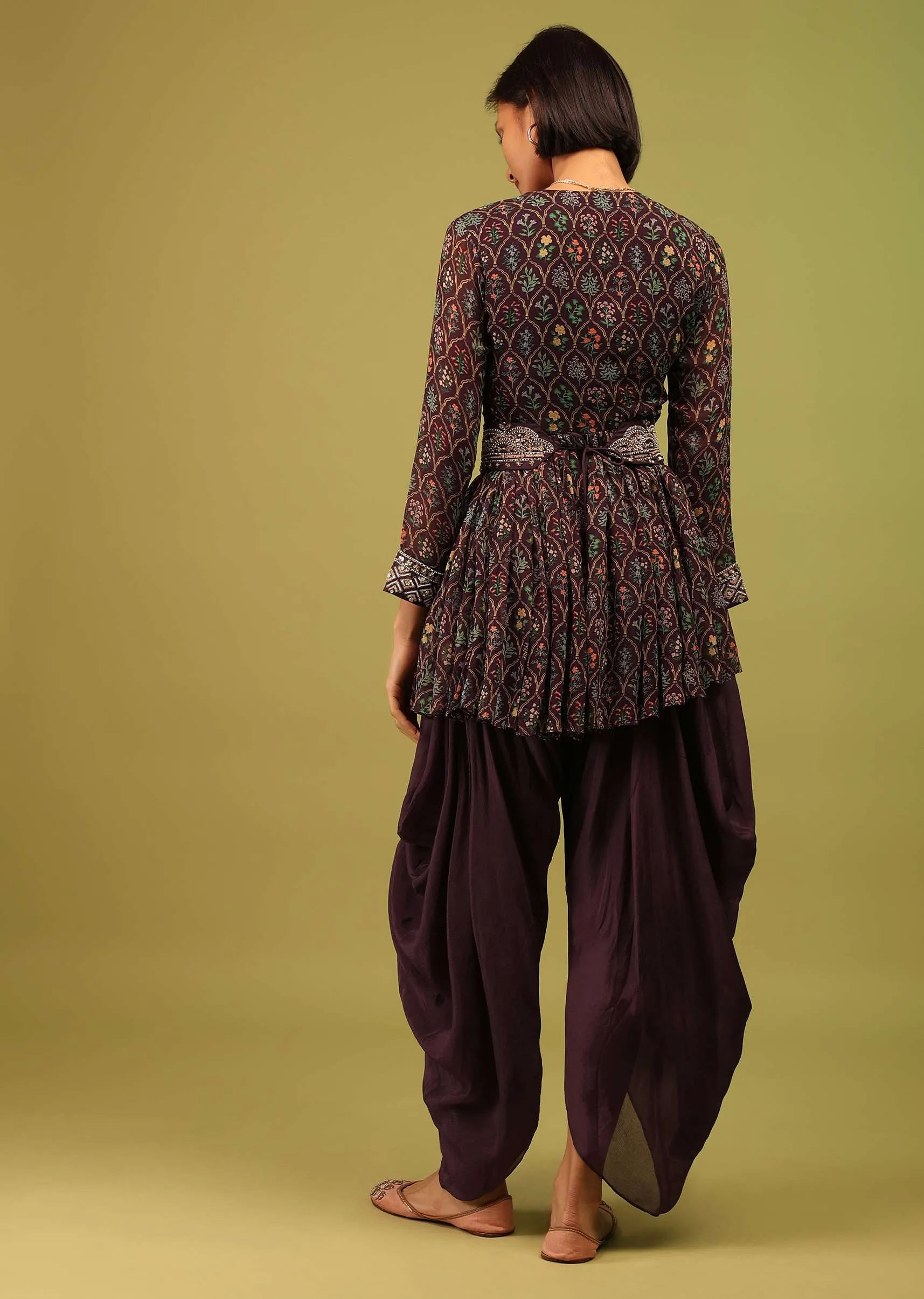 Dusty Brown Dhoti Kurta Set In Georgette With Multicolor Floral Print & Embroidery