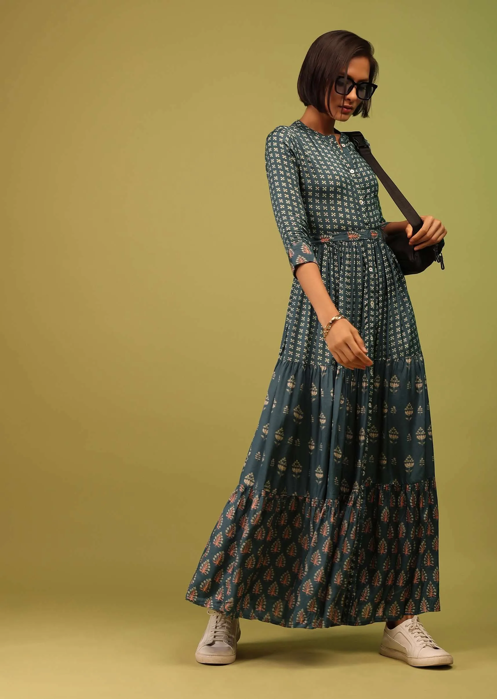 Indigo Blue Mandarin Tiered Dress In Cotton Silk With Floral Print And Mock Placket Online - RE By Kalki