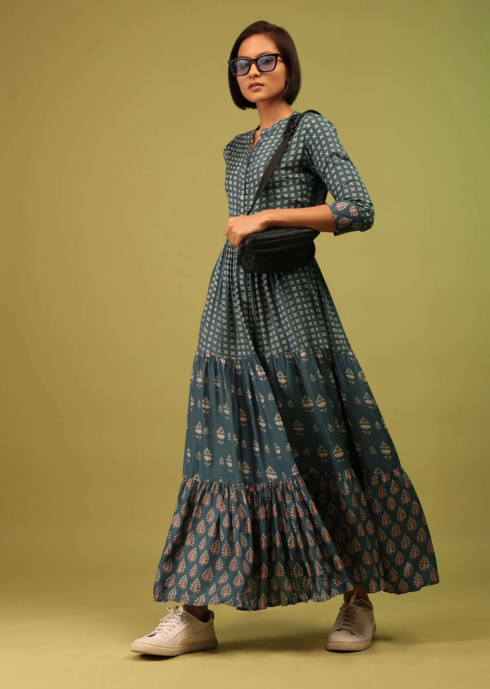 Indigo Blue Mandarin Tiered Dress In Cotton Silk With Floral Print And Mock Placket Online - RE By Kalki