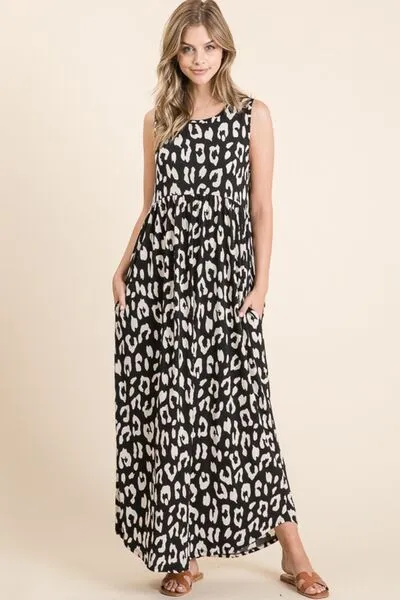 Leopard Print Shirred Waist Maxi Dress with Pockets – Sleeveless Casual Chic