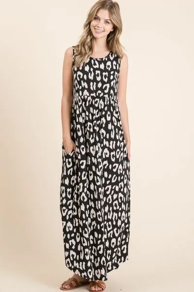 Leopard Print Shirred Waist Maxi Dress with Pockets – Sleeveless Casual Chic