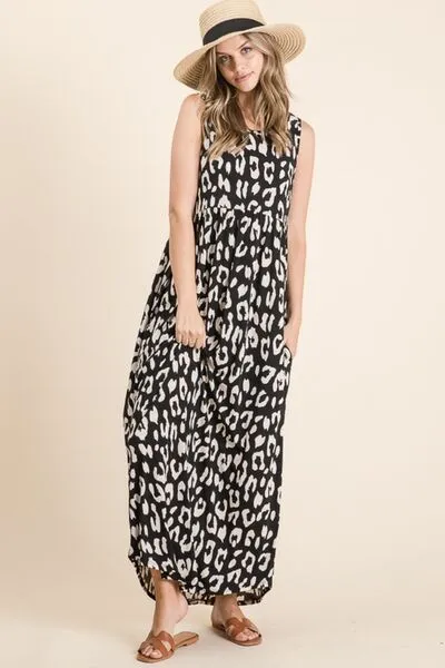Leopard Print Shirred Waist Maxi Dress with Pockets – Sleeveless Casual Chic