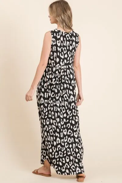 Leopard Print Shirred Waist Maxi Dress with Pockets – Sleeveless Casual Chic