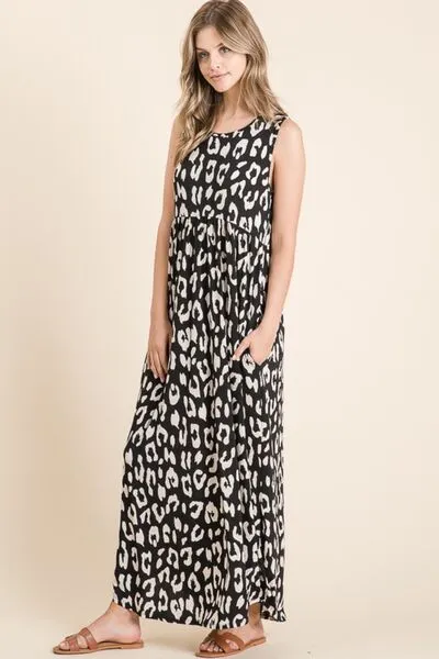 Leopard Print Shirred Waist Maxi Dress with Pockets – Sleeveless Casual Chic