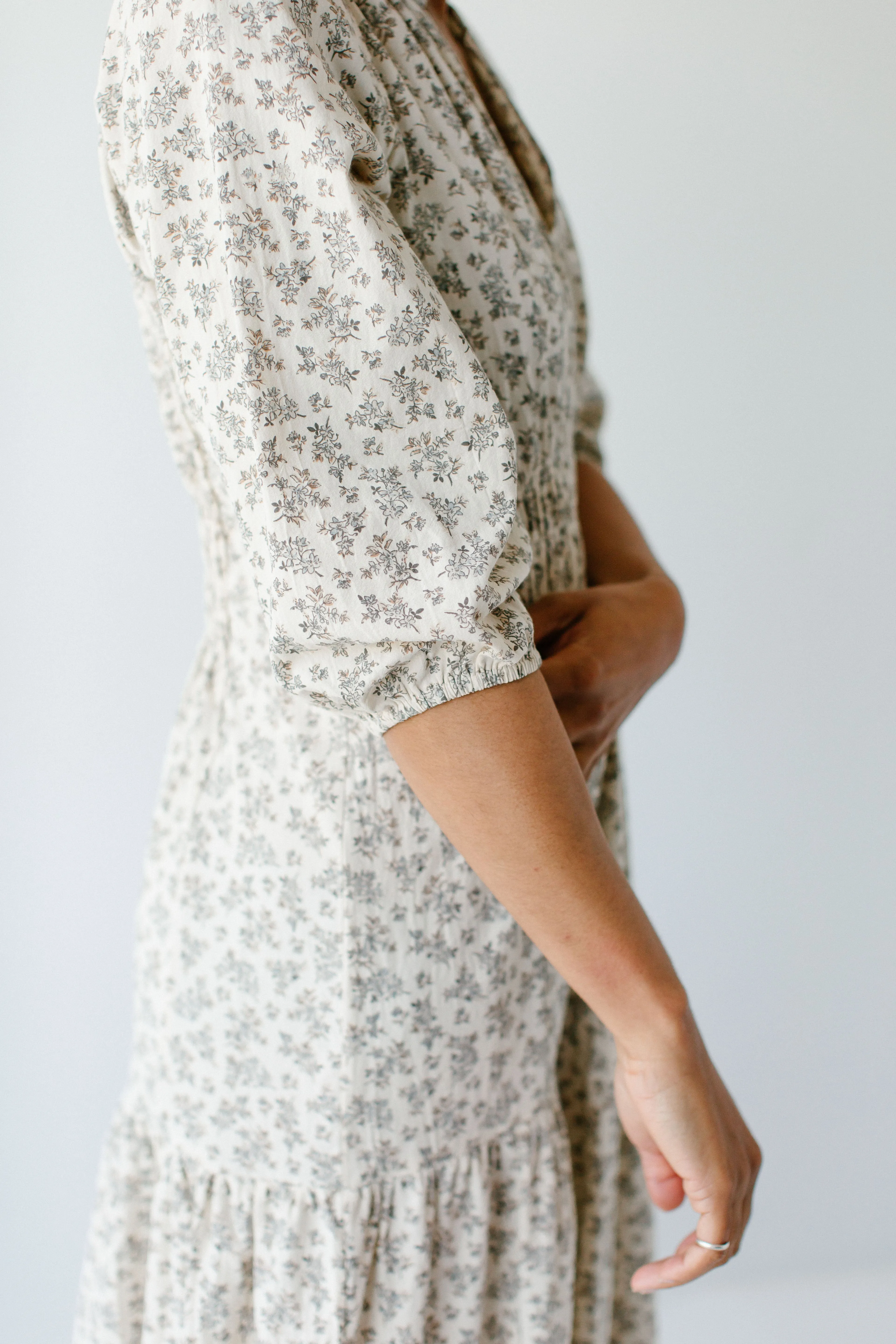 'Mercy' Natural Floral Cotton Midi Dress in Cream