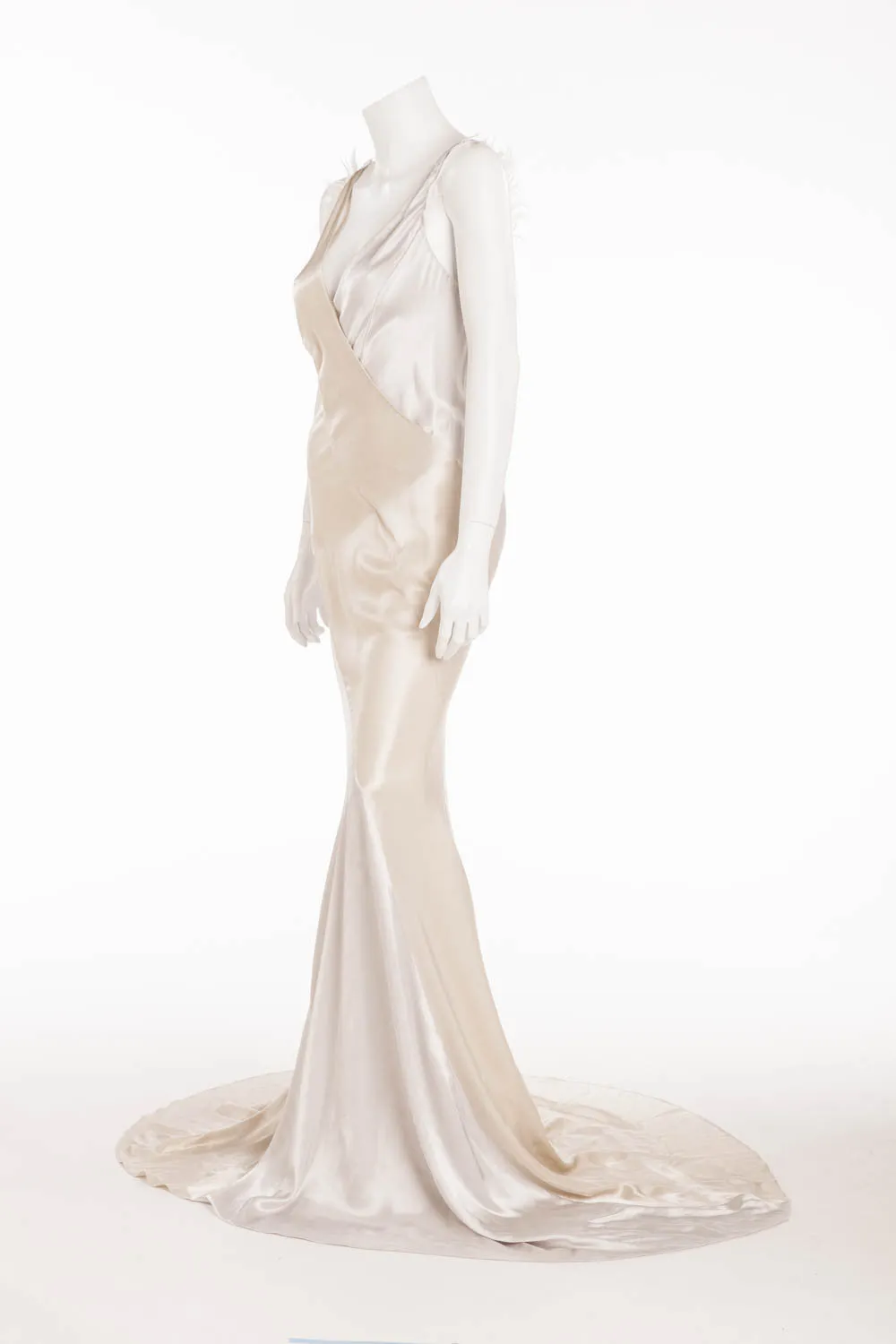 Nina Ricci - Silver and Beige Long Gown with Feathers - FR 38