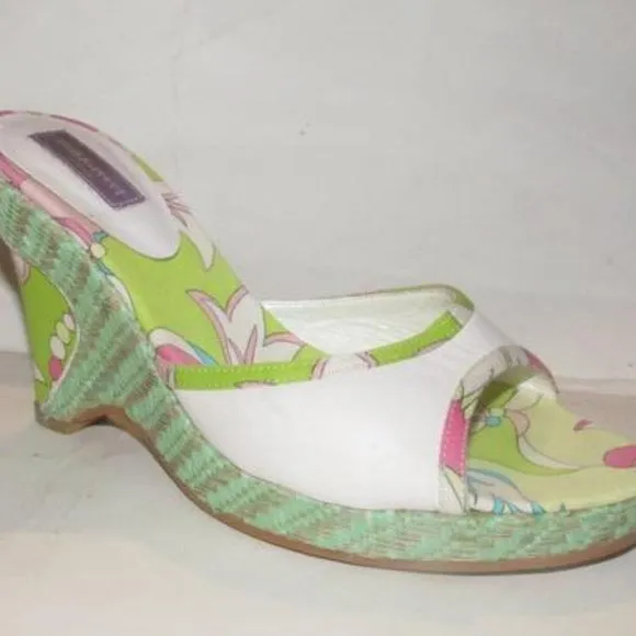 Pucci White Leather & Colorful Floral Mule Wedges!