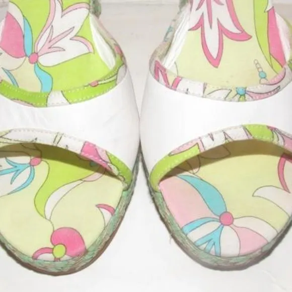 Pucci White Leather & Colorful Floral Mule Wedges!