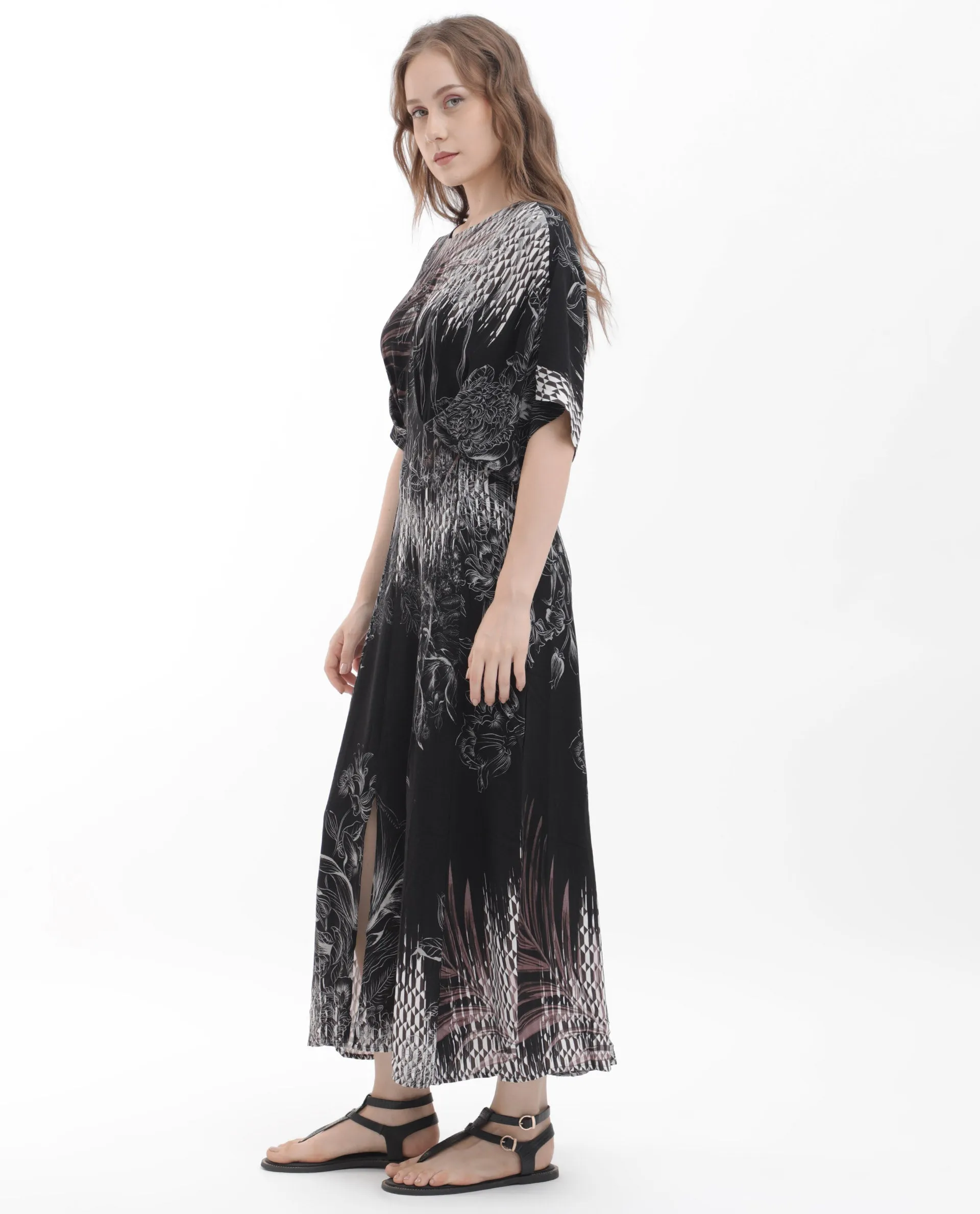 Rareism Women Rufus Black Polyester Fabric Short Sleeves Round Neck Relaxed Fit Abstract Print Midi Dress