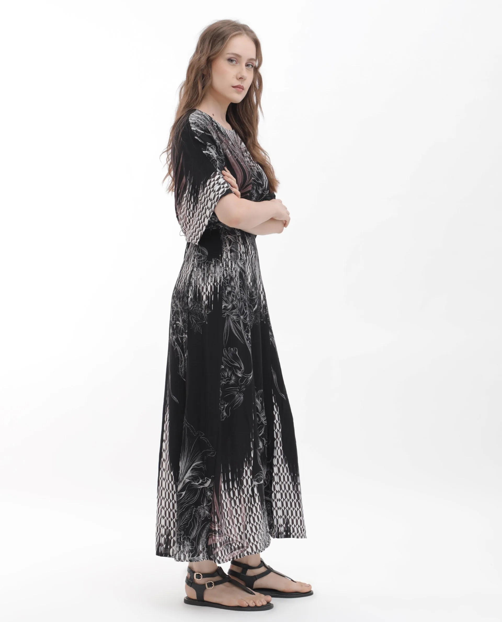 Rareism Women Rufus Black Polyester Fabric Short Sleeves Round Neck Relaxed Fit Abstract Print Midi Dress