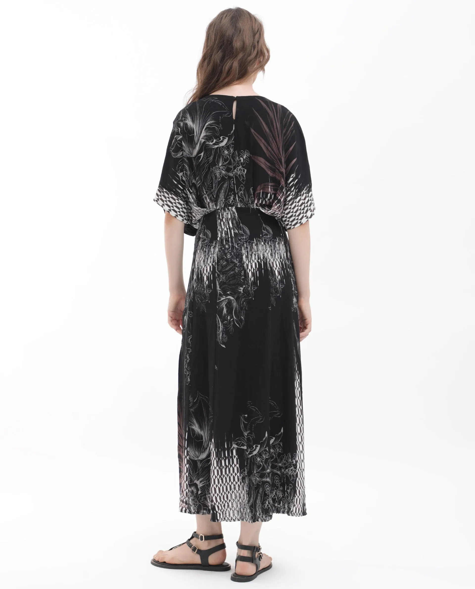 Rareism Women Rufus Black Polyester Fabric Short Sleeves Round Neck Relaxed Fit Abstract Print Midi Dress