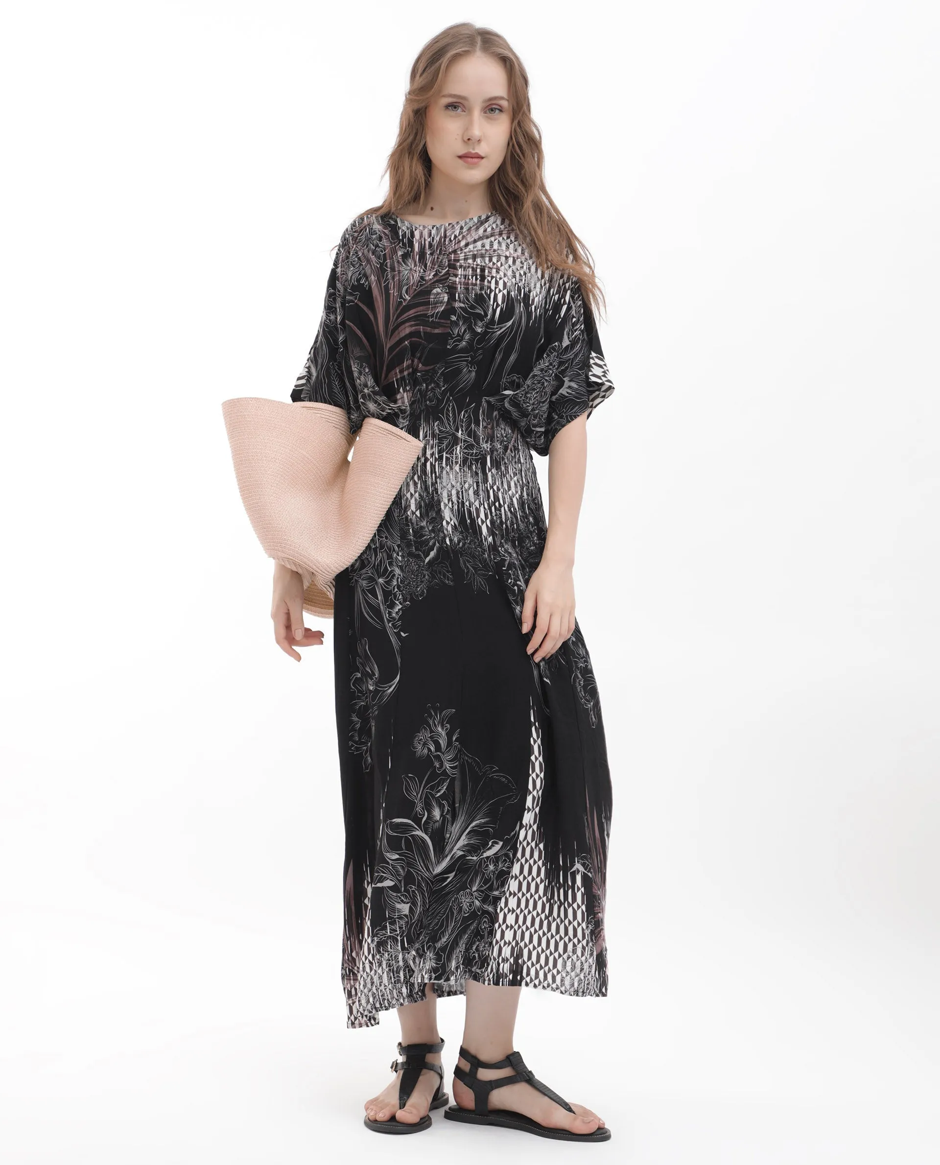 Rareism Women Rufus Black Polyester Fabric Short Sleeves Round Neck Relaxed Fit Abstract Print Midi Dress