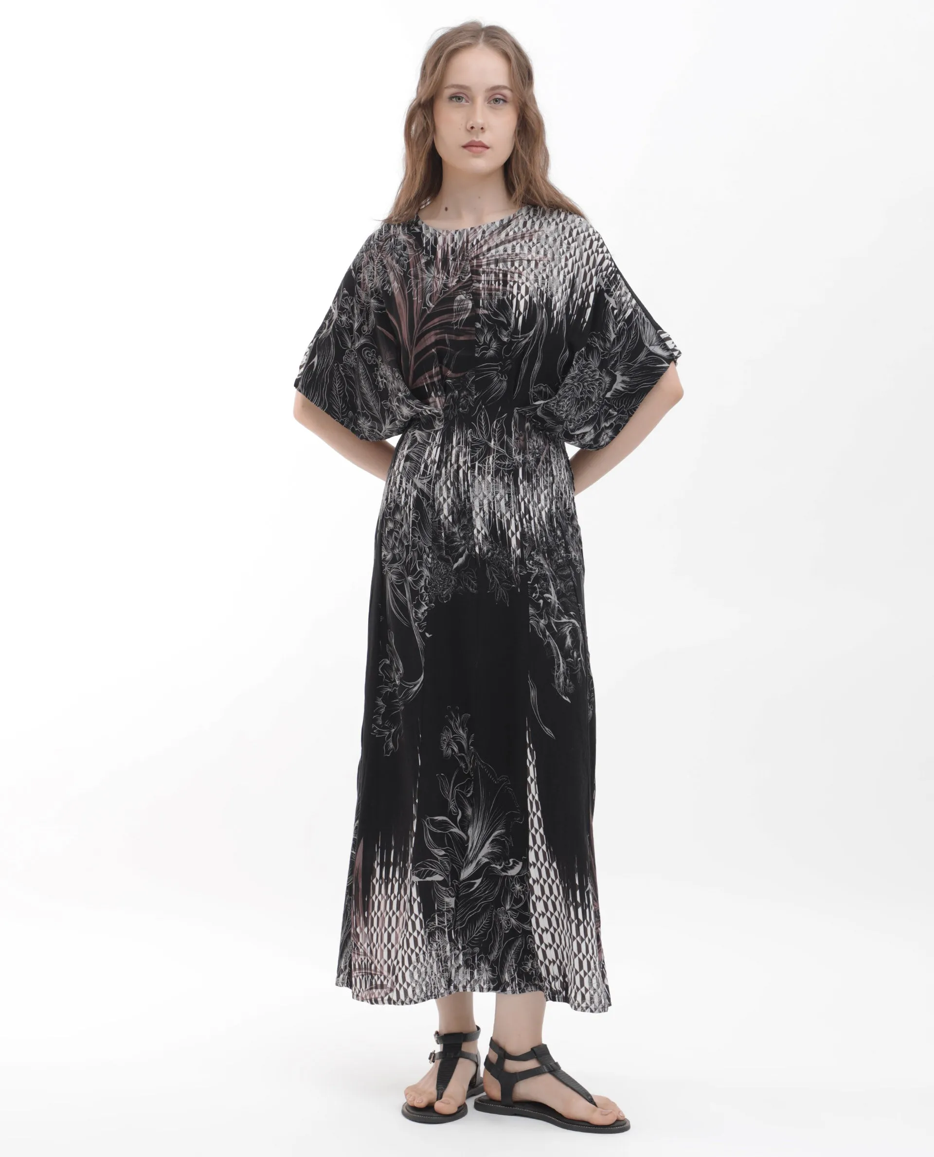 Rareism Women Rufus Black Polyester Fabric Short Sleeves Round Neck Relaxed Fit Abstract Print Midi Dress