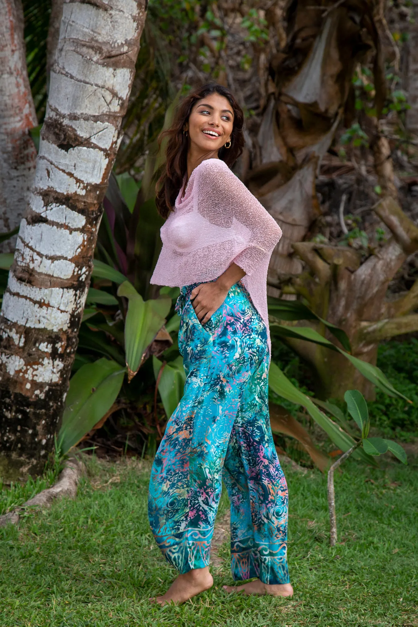 Samantha Robe & Gabrielle Pant Set in Batik Teal Rainbow