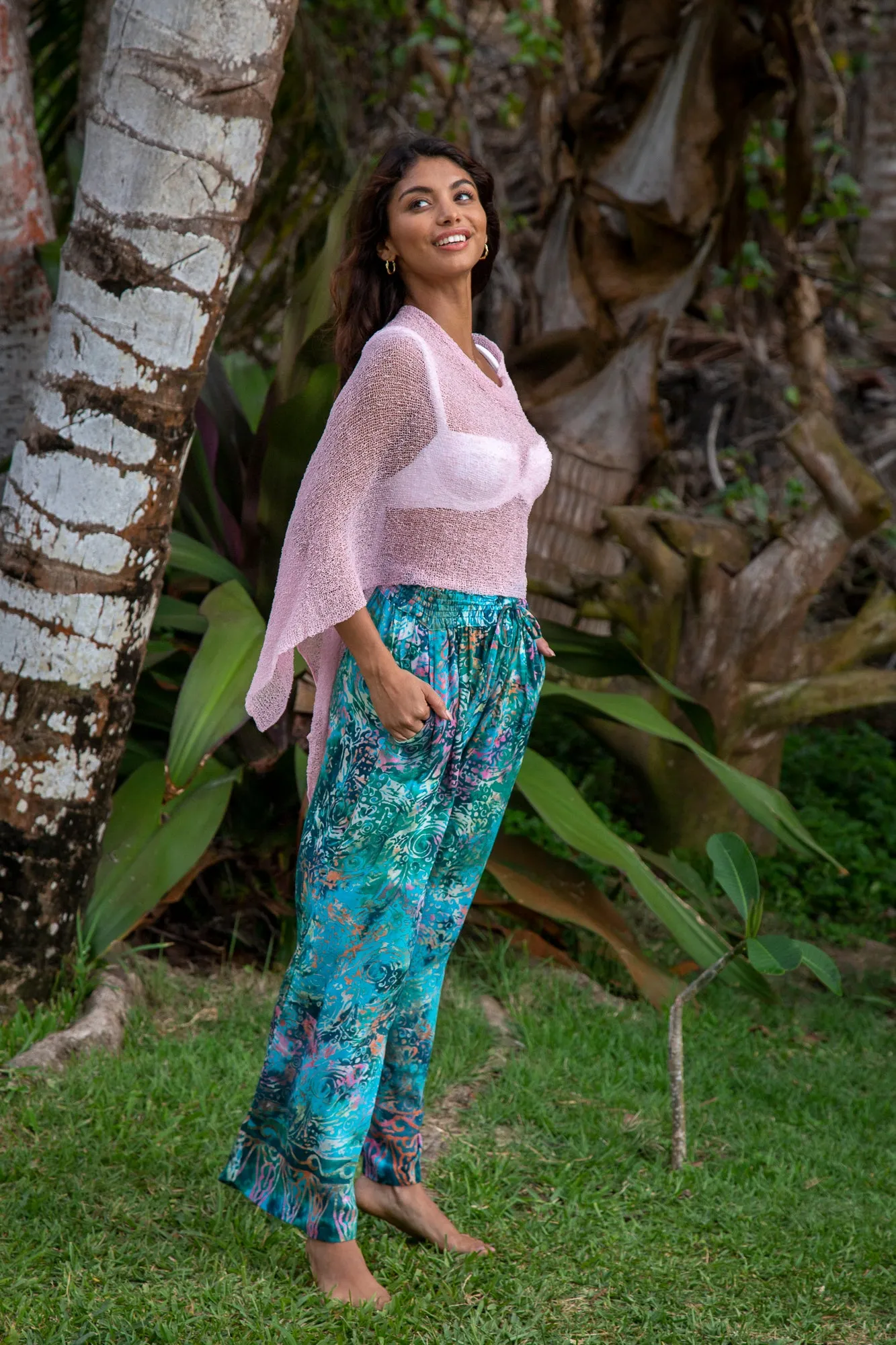 Samantha Robe & Gabrielle Pant Set in Batik Teal Rainbow